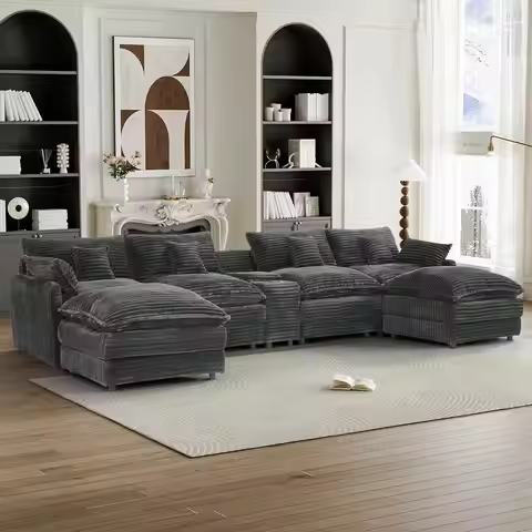 Spacious 148-Inch 7-Pc Sofa Set with Center Console, Coffee Table, & 6 Pillows - Ideal for Living Ro