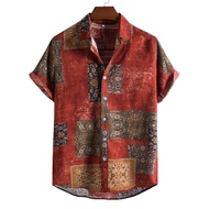 Cotton and linen New Arrival Men's Regular Size Casual Fashion Floral Printed Short Sleeve Shirts Ke