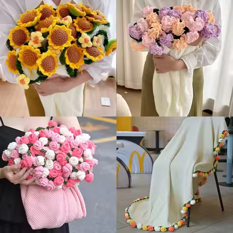 Knitting Sunflower Finished Blanket Roses Bouquet Sofa Blankets Crochet flower bouquet blanket Mothe