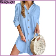 Fall Spring Women Dress Shirt Type Single-breasted Split Hem Loose Solid Color Buttons with Cufflink