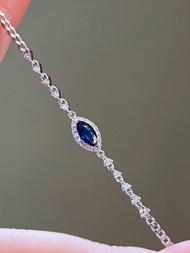 1pc Vintage Elegant S925 Sterling Silver Blue Zirconia September Birthstone Eye Shape Chain Bracelet