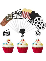 電影之夜杯子蛋糕裝飾12入hollywood電影/電影/電影院主題蛋糕裝飾,適用於電影主題派對、嬰兒派對、生日派對、婚禮派對、畢業派對