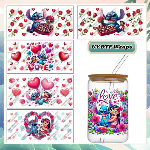 Valentine's Day theme Stitch Cartoon Heart Pattern 16oz UV DTF 3D Stickers Cartoon Decals Cup Mug Co