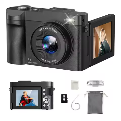 4K Digital Camera for Photography Autofocus 16x Zoom Camera with 32GB Card 2.8" 180°Flip Screen Comp