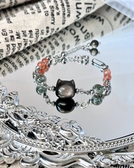 綠野仙蹤招財喵星人水晶手鍊 - 銀曜石/金太陽石/綠幽靈/可調節鍊