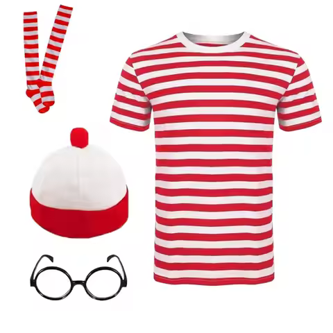 Wheres Waldo Family Wally Cosplay Costume Short Sleeves Glasses and Hat Socks Kids Adults Halloween 