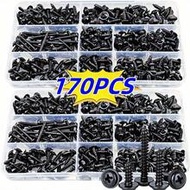 170pcs M3/M4/M3.5/M4.8 Size Self-Tapping Screw Set, Black Carbon Steel Flat Head Screws, Suitable Fo