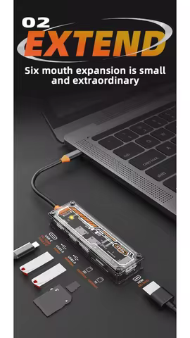Cyberpunk Transparent Type‑C Hub Multi‑Function USB C Docking Station OTG PD Charger Adapter For Lap