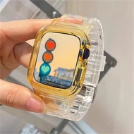 แถบใส + เคสสำหรับ Apple Watch อัลตร้า2 49มม. ซีรี่ส์9 41มม. 45มม. 8 7 6 SE 5 49มม. 45มม. 44มม. 42มม. 41มม. โปร่งใสสำหรับนาฬิกาข้อมือสายพลาสติก Iwatch 3 38มม. 40มม.