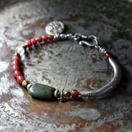 老西藏綠松石與金赤白心 古代水晶與印度老銀牌純銀手鍊