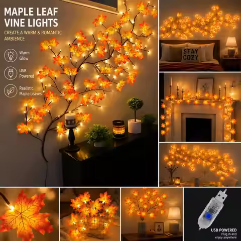 Maple Leaf String Lights 48LEDs USB, 8 Modes Bendable Thanksgiving Halloween Christmas Decor for Bed