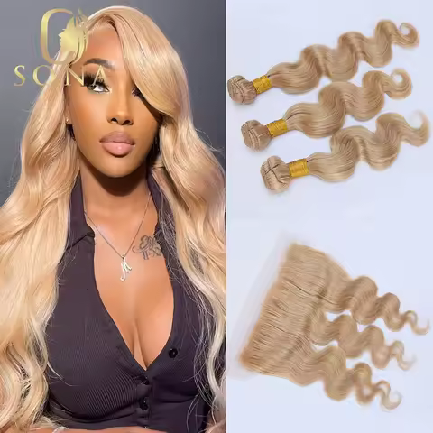 #27 Honey Blonde Human Hair Bundles with 4X4 Closure Brazilian Hair Weave Bundles with Closure 10A C
