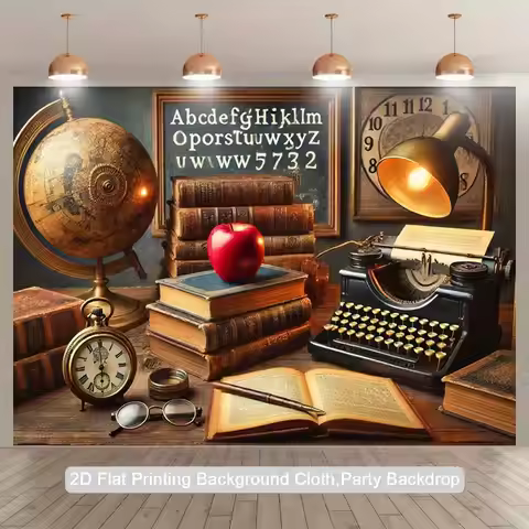 2D Flat, 1pc Vintage Classroom 2D Flat Tapestry Backdrop - Antique Books, Typewriter, Globe & A-Z Al