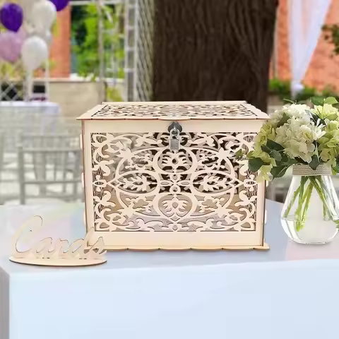 Wedding Card Box with Lock Wooden Card Box Gift and Money Holder for Wedding Birthday Reception Anni