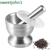 SWEETJOHN Spice Grinder, Sturdy Durable Mortar and Pestle, Comfy Grip Double Stainless Steel Garlic Press Bowl with Lid Garlic Pounder Kitchen Utensil