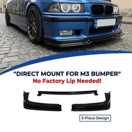 BMW E36 M3 1991-1998 Front Bumper Lip Spoiler A-Style 3-Piece Direct Mount Gloss Black No Factory Li
