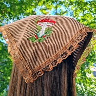 Triangle headscarf with lace and ties, Mushroom embroidered bandana corduroy
