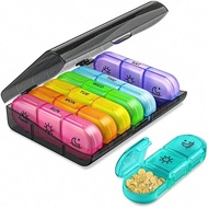 1ชิ้น กล่องบรรจุยาจัดระเบียบขนาดความจุมาก 7 วัน 14 ช่อง AM/PM ฝาใสสไตล์สีรุ้งขาวดำออกแบบใหม่ แยกชิ้น