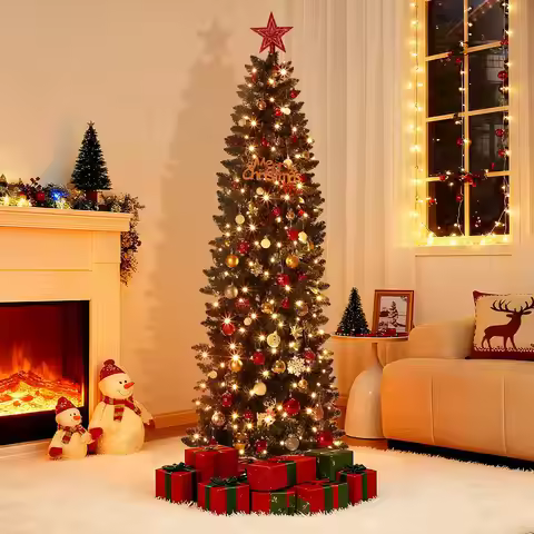 6/7.5/9/12ft Christmas Tree, Artificial Pencil Holiday Decoration with LED Light & 477 Tips, Metal F