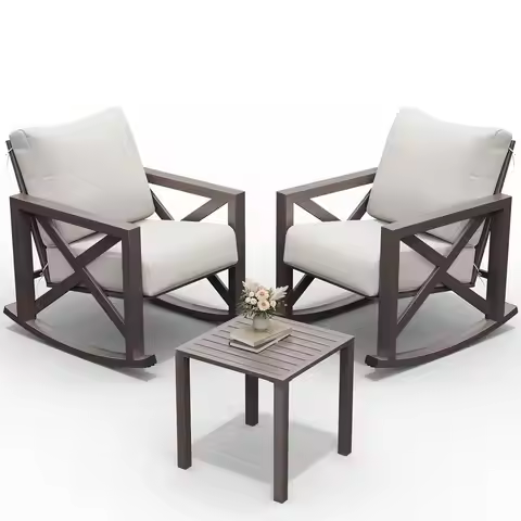 Rocking Chair Outdoor Set 2 with Coffee Table, 3 Piece Metal Rocking Bistro Set with 6.5" Water-Resi