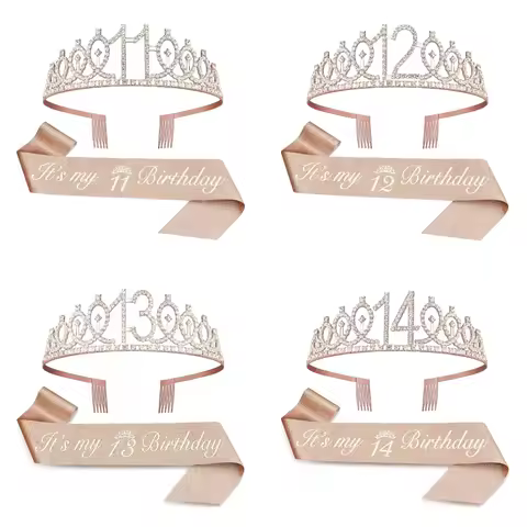 Birthday Tiara Crown Sash Women Girls 11th 12th 13th 14st 15th 16th 17th 18th 19th 20th Birthday Par