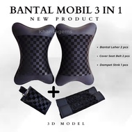 Bozman Premium 3D Chess Car Pillow Set Neck Pillow Steering Wheel Cover Seat Belt Universal Tissue H