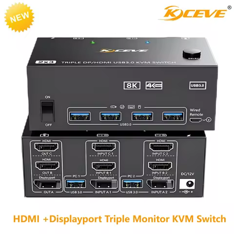 KVM Switch 3 Monitor 2 Computer 8K@60Hz 4K@144Hz,2 Displayport + HDMI USB3.0 KVM Switch Triple Monit