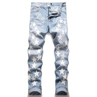 Amiri ปัก FIVE-Pointed Star หนัง Patch กางเกงยีนส์ผู้ชาย Punk สไตล์ Retro กางเกงขาตรง Casual แฟชั่นก