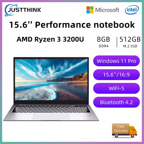 Justthink 2026 15.6 Inch AMD R3 3200 Laptop Computer Windows 11 Pro 8GB DDR4 1TB SSD Notebook PC Por