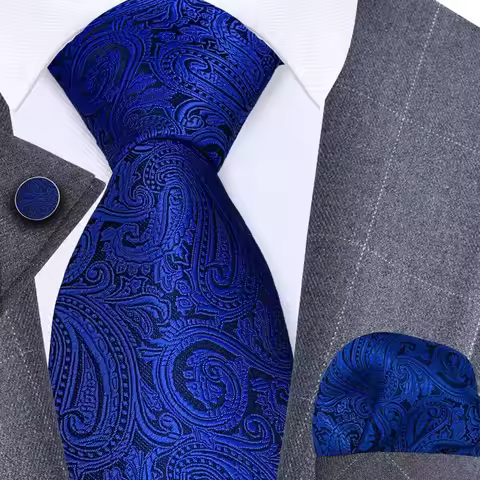 GUSLESON 8cm Blue Black Pink Men Ties Pocket Square Cufflinks Set Paisley Silk Necktie Wedding Busin