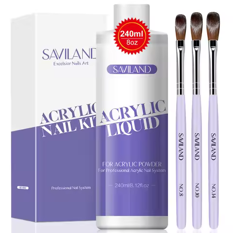 Saviland 240ml Monomer Acrylic Nail Liquid with 3pcs Acrylic Brushes Size 8/10/14 for Acrylic Powder