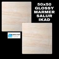 KERAMIK LANTAI GLOSSY HALUS 50X50 SYON CREAM MARMER SALUR MERK IKAD