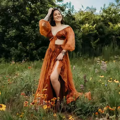 Bohemian Photo Shooting Pregnancy Dress Sequined Lace V-neck Dress Two-piece Set Boho Style Dress Ph