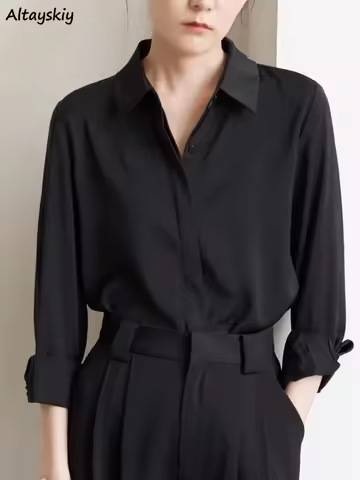 S-5XL Shirts Women Autumn Office Lady Elegant Solid Casual French Style Unisex All-match Lapel Mujer