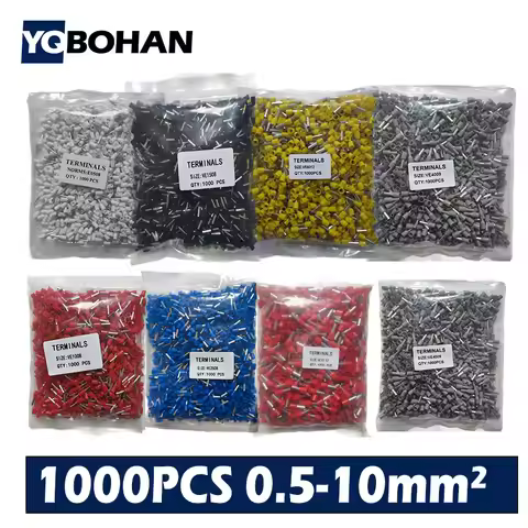 1000pcs E0508 E7508 E1008 E1508 E2508 Insulated Ferrules Terminal Block Cord End Wire Connector Elec