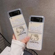 เคสฝาหลังลายแมวสำหรับ Samsung Galaxy Z Flip4 Z Flip3 Z ฝาพับ3 Z แบบพับ4แฟชั่นเคสมือถือลาย Hello Kitty มีทรายดูดเคสพีซีใสป้องกันตกเคสกรอบ