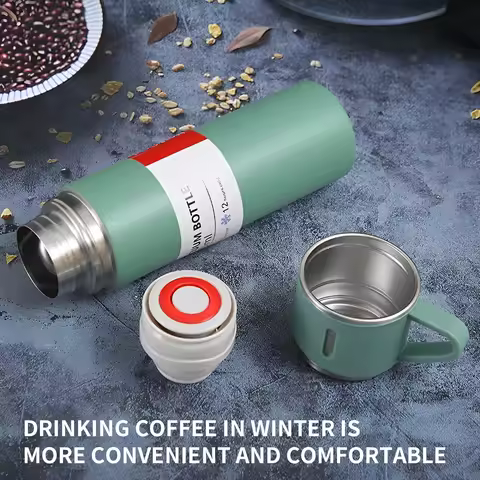 Coffee Thermos Stainless Steel Vacuum-Insulated Water Bottle, 500ml/16.9oz Insulated Bottle with Cup