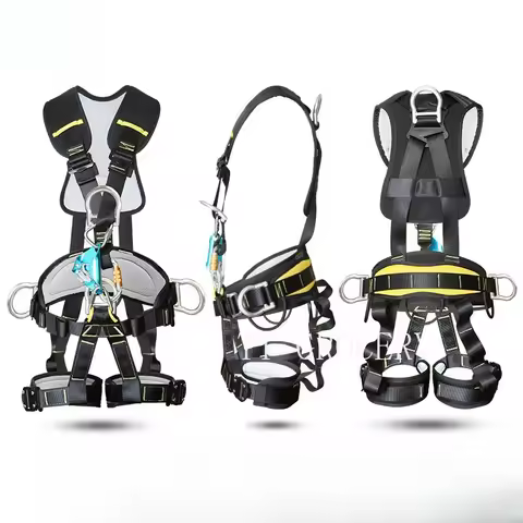 Full-Body 5-Point Safety Harness with Dual-Hook Fall Protection Lanyard for Outdoor Rock Climbing Hi