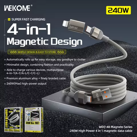 WEKOME WDC-48 240W 4-in-1 Magnetic Fast Charging Cable, USB/Type-C to IPhone/Type-C Self-winding Sto