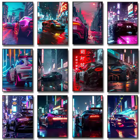 High Tech Super Car Poster Luxury Car LED Sports Races Neon Lit City Prints Canvas Painting Wall Pic