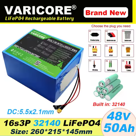 VariCore 48V 50ah LiFePo4 Rechargeable Battery Pack 32140 16S3P Built in BMS 2000W E-two wheelers Hi
