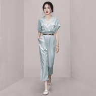 Summer Korean Women Fashion Notch Collar Short Sleeves Playsuits Temperament Elegant Straight Sashes Jumpsuit
