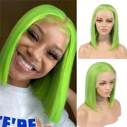 Brazilian Colored Human Hair Wig Cosplay Bright Mint Green Straight Short Bob 13x4 HD Transparent La
