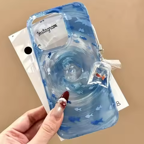 Transparent Blue Vortex Fish Water Ripple Pattern Case For iPhone 15 16 17 Pro Max 13 14 12 11 Air X