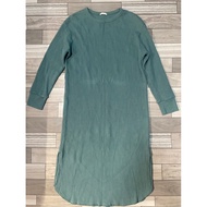 Green Waffle Round Neck Long Sleeve Dress GU Label Work S Bust 40 Waist Freesize Hips 40 Length 40