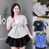 Women's Big Size Plaid Blouse with Bow Tie on the Chest and Belly Covering Skirt Large Size A360+CV4