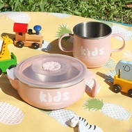 純鈦兒童學習杯注水碗兩件組(雙層 雙耳杯+注水碗)-蜜桃粉