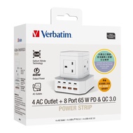 【順豐站/智能櫃免運費 香港行貨】Verbatim 4個AC插座 + 8端口 65W PD & QC 3.0 直立式電源拖板