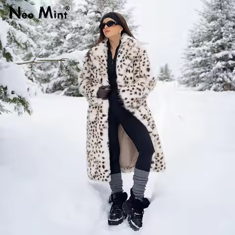 Neo Mint Luxury Maxi Long Leopard Belted Faux Fur Coat Women Winter 2024 Brand Fashion Mob Wife Vibe