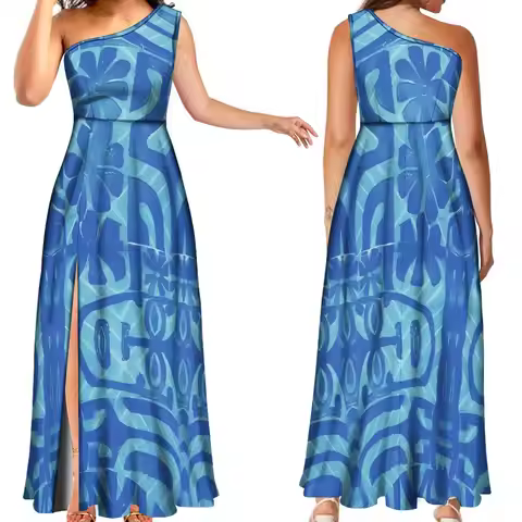 New Design Elegant Large Skirt Swing Slit Maxi Dress 2025 Summer Pacific Island Art Style Maxi Polyn